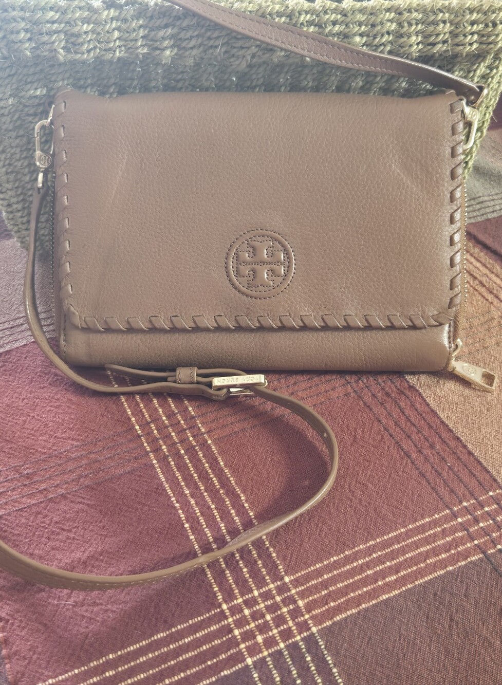 Tory Burch Brown Leather Whipstitch Crossbody